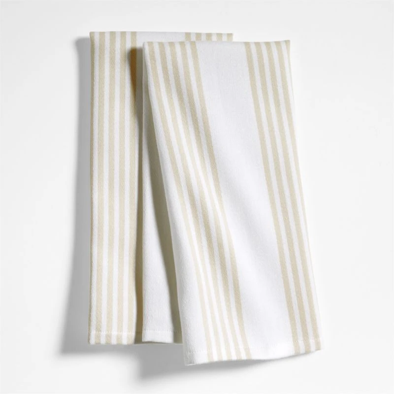 Cuisine Stripe Alabaster Beige Organic Cotton Kitchen Towels, Set of 2