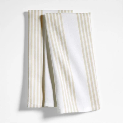 Cuisine Stripe Alabaster Beige Organic Cotton Kitchen Towels, Set of 2