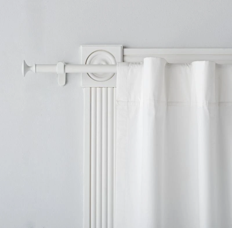 White .75" Curtain Rod and Round End Cap Finials Set 28"-48"