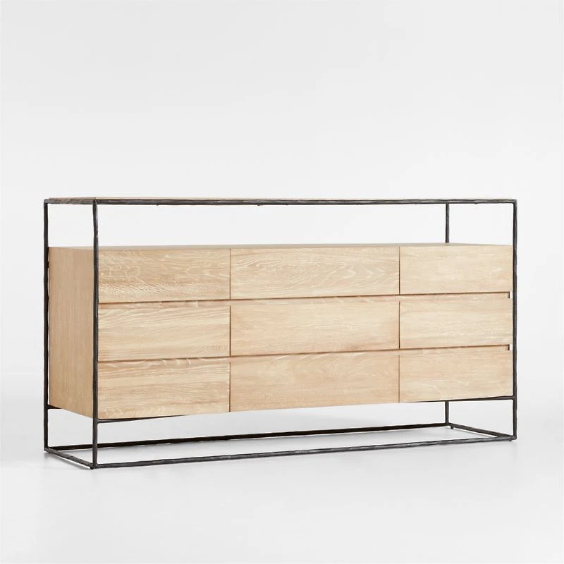 Dahlia 9-Drawer Hand-Forged Steel and Oak Wood Dresser with Shelf