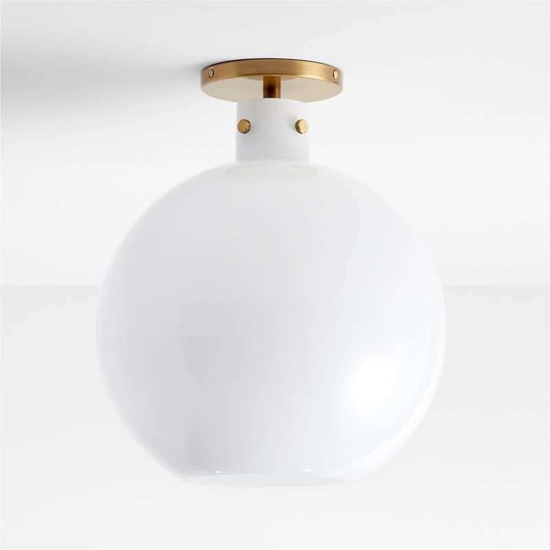 Dakota Brass Flush Mount Light with Large Milk Glass Dome 13"