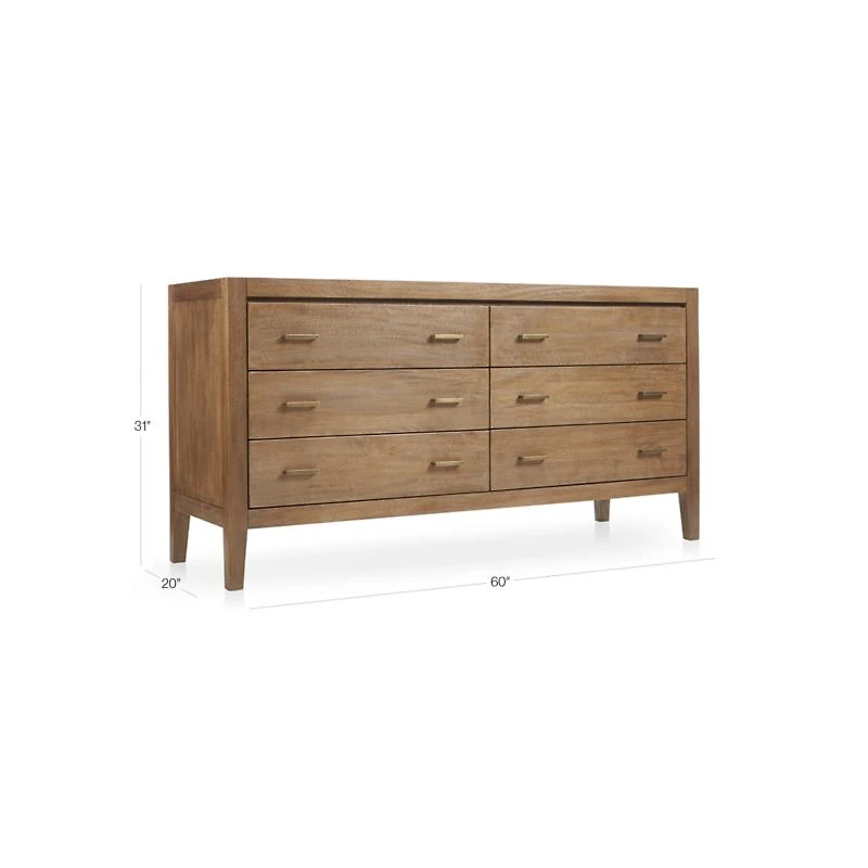 Dawson 60" Light Brown Wood 6-Drawer Dresser