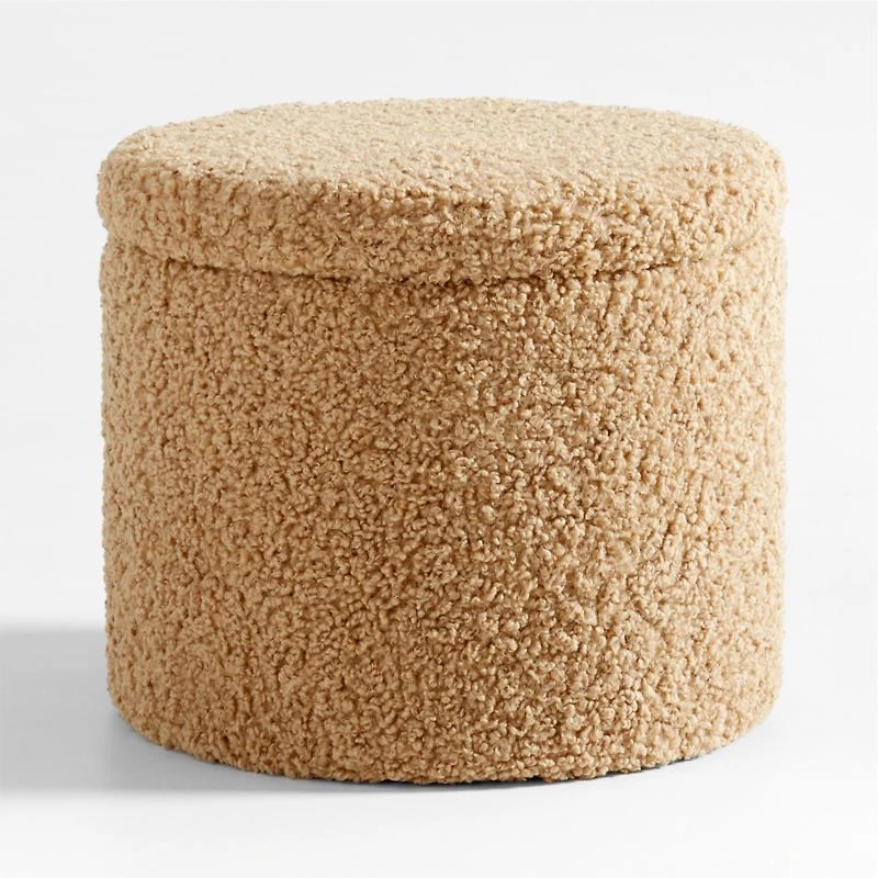 Set of 2 Dot Light Brown Sherpa Kids Storage Ottoman and Stool