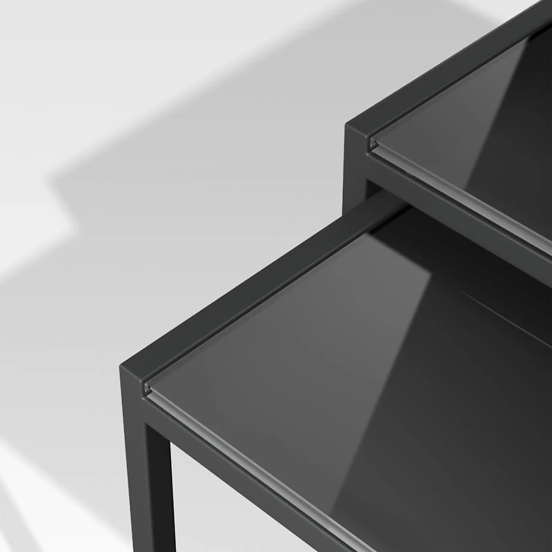 Dune Black Outdoor Nesting Tables with Black Painted Glass, Set of Two