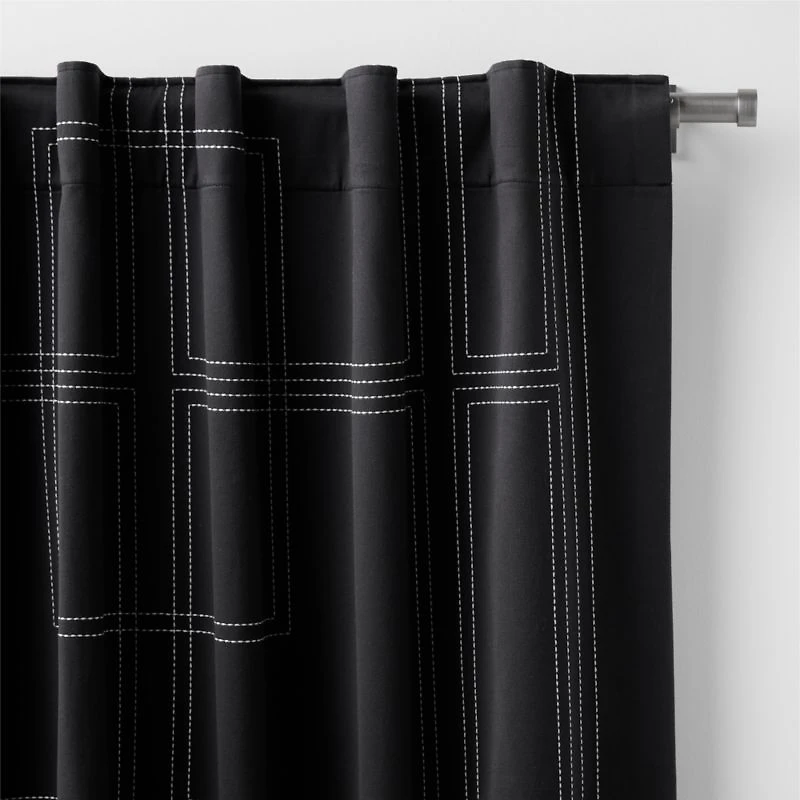 Embroidered Craftsman Midnight Navy/Crisp White Organic Cotton Sateen Window Curtain Panel 52"x84"