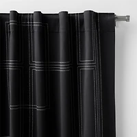 Embroidered Craftsman Midnight Navy/Crisp White Organic Cotton Sateen Window Curtain Panel 52"x84"