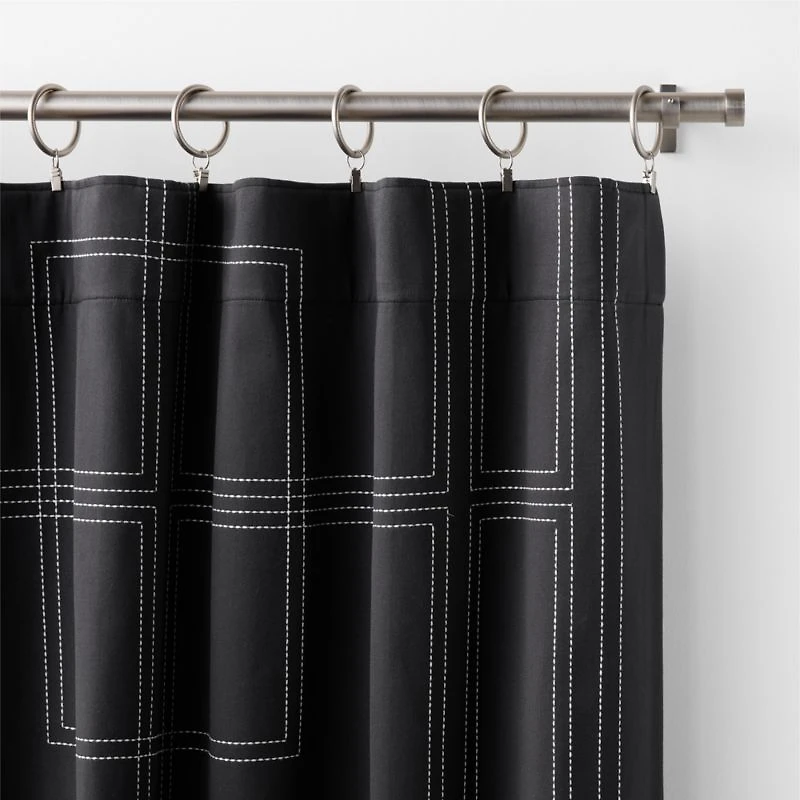 Embroidered Craftsman Midnight Navy/Crisp White Organic Cotton Sateen Window Curtain Panel 52"x84"