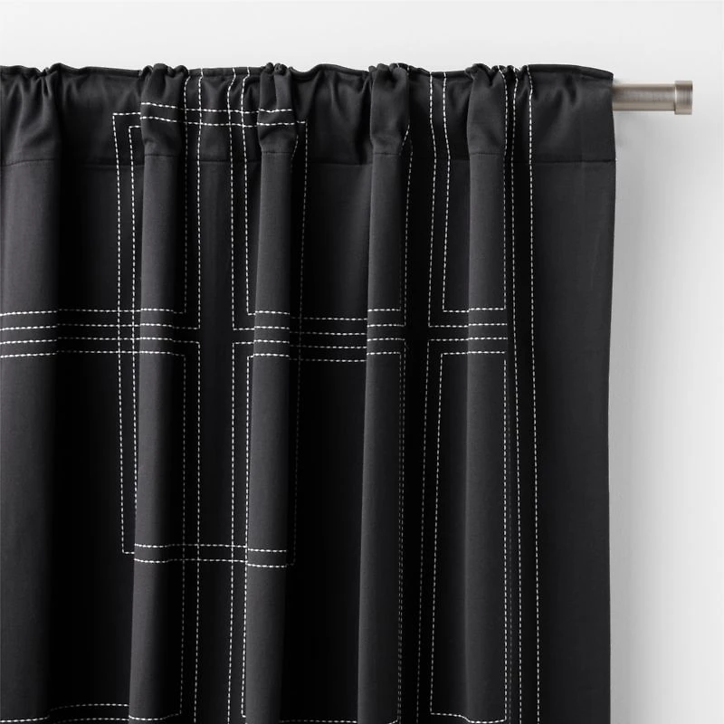 Embroidered Craftsman Midnight Navy/Crisp White Organic Cotton Sateen Window Curtain Panel 52"x84"
