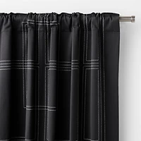 Embroidered Craftsman Midnight Navy/Crisp White Organic Cotton Sateen Window Curtain Panel 52"x84"