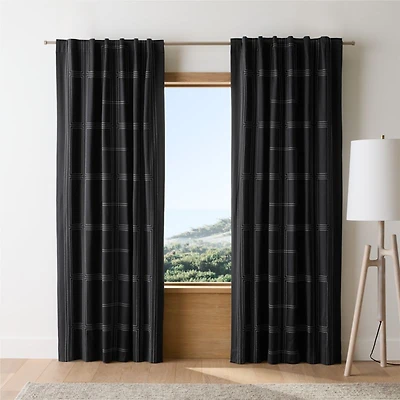 Embroidered Craftsman Midnight Navy/Crisp White Organic Cotton Sateen Window Curtain Panel 52"x84"