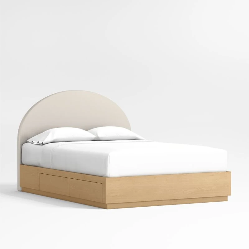 Emma Upholstered Arched Kids Full Bed with Natural Wood Storage Base