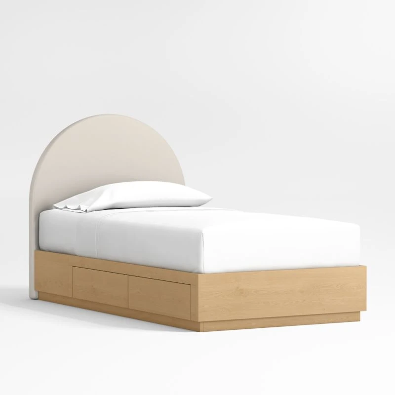 Emma Upholstered Arched Kids Full Bed with Natural Wood Storage Base