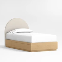 Emma Upholstered Arched Kids Full Bed with Natural Wood Storage Base