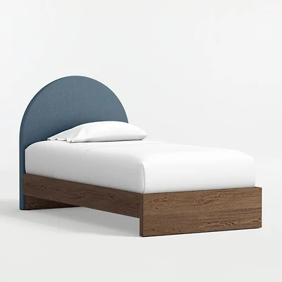 Emma Denim Blue Upholstered Kids Twin Headboard with Deep Brown Wood Base