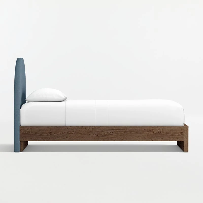 Emma Denim Blue Upholstered Kids Twin Headboard with Deep Brown Wood Base