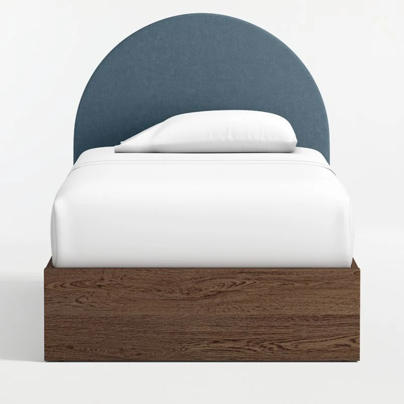 Emma Denim Blue Upholstered Kids Twin Headboard with Deep Brown Wood Base