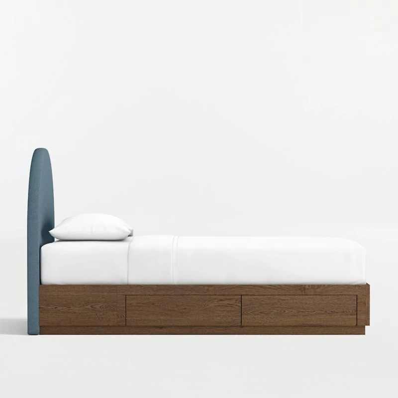 Emma Denim Blue Upholstered Kids Twin Headboard with Deep Brown Wood Storage Base