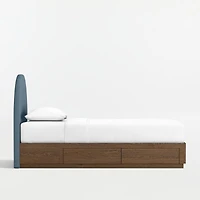 Emma Denim Blue Upholstered Kids Twin Headboard with Deep Brown Wood Storage Base