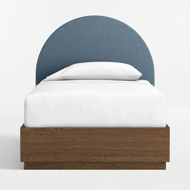 Emma Denim Blue Upholstered Kids Twin Headboard with Deep Brown Wood Storage Base
