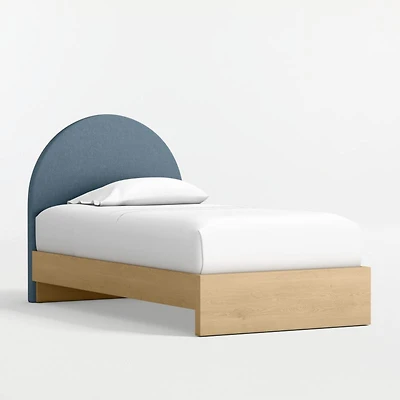 Emma Denim Blue Upholstered Kids Twin Headboard with Natural Wood Base