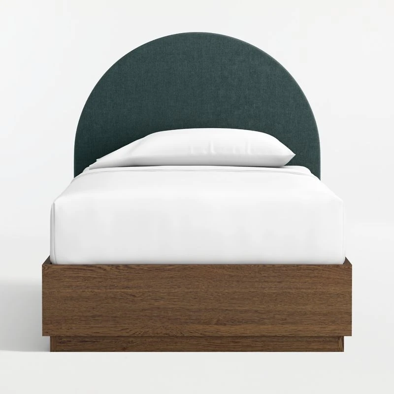 Emma Jungle Green Upholstered Kids Twin Headboard with Deep Brown Wood Storage Base