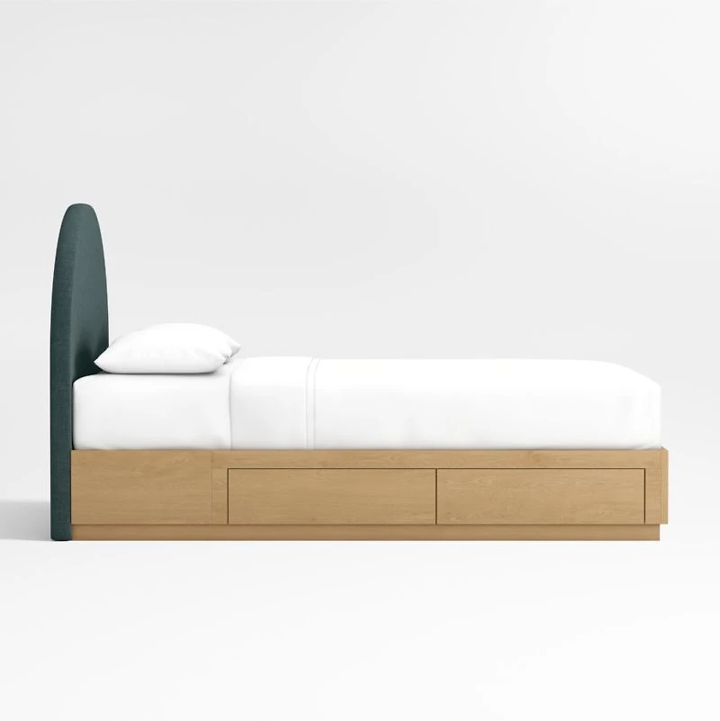Emma Jungle Green Upholstered Arched Kids Full Bed with Natural Wood Storage Base