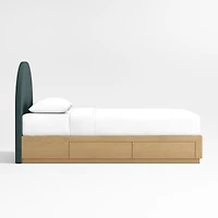 Emma Jungle Green Upholstered Arched Kids Full Bed with Natural Wood Storage Base