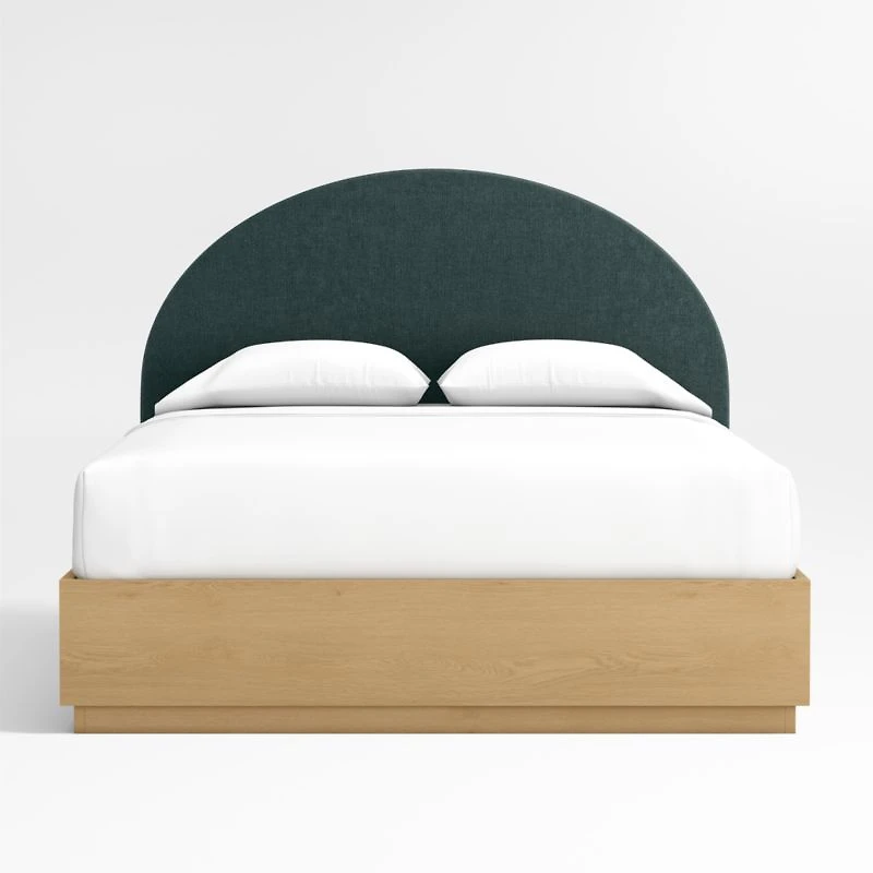 Emma Jungle Green Upholstered Arched Kids Full Bed with Natural Wood Storage Base