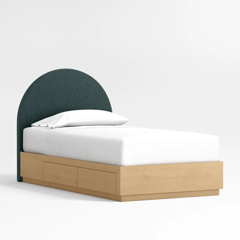 Emma Jungle Green Upholstered Arched Kids Full Bed with Natural Wood Storage Base