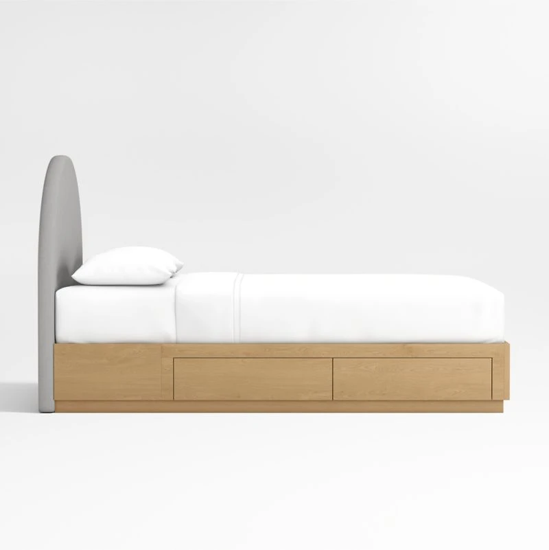 Emma Grey Upholstered Arched Kids Full Bed with Natural Wood Storage Base