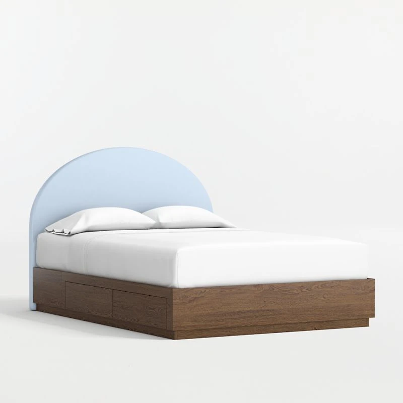 Emma Light Blue Upholstered Kids Full Headboard with Deep Brown Wood Storage Base