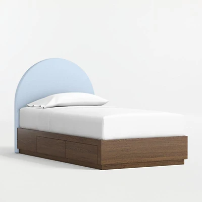 Emma Light Blue Upholstered Kids Twin Headboard with Deep Brown Wood Storage Base