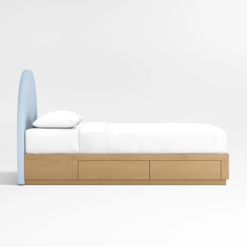 Emma Light Blue Upholstered Arched Kids Full Bed with Natural Wood Storage Base