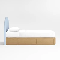 Emma Light Blue Upholstered Arched Kids Full Bed with Natural Wood Storage Base