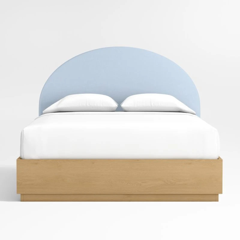 Emma Light Blue Upholstered Arched Kids Full Bed with Natural Wood Storage Base