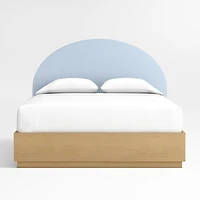 Emma Light Blue Upholstered Arched Kids Full Bed with Natural Wood Storage Base