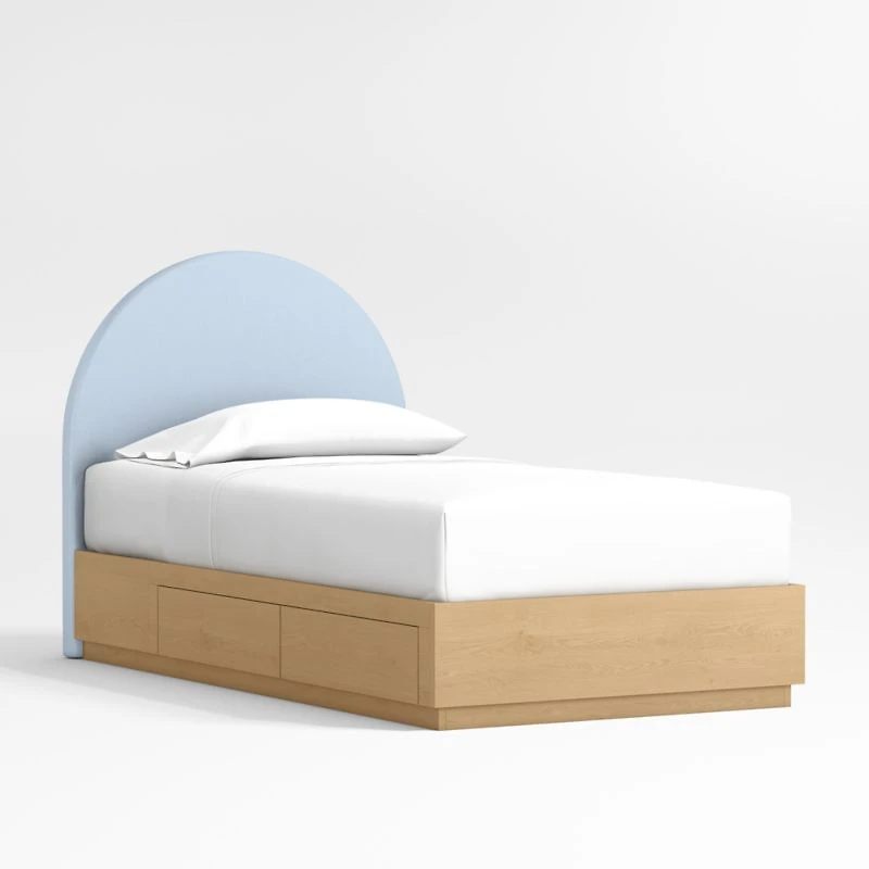 Emma Light Blue Upholstered Arched Kids Full Bed with Natural Wood Storage Base