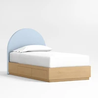 Emma Light Blue Upholstered Arched Kids Full Bed with Natural Wood Storage Base