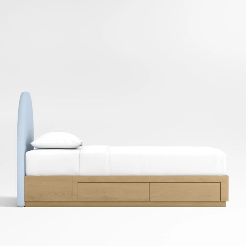 Emma Light Blue Upholstered Arched Kids Twin Bed with Natural Wood Storage Base