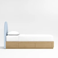 Emma Light Blue Upholstered Arched Kids Twin Bed with Natural Wood Storage Base