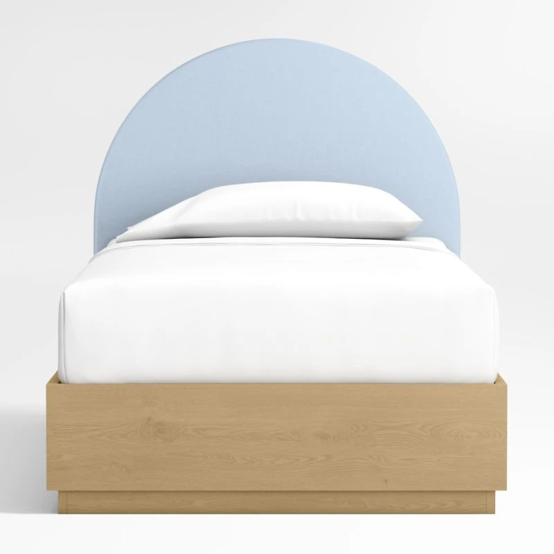 Emma Light Blue Upholstered Arched Kids Twin Bed with Natural Wood Storage Base