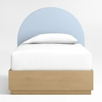 Emma Light Blue Upholstered Arched Kids Twin Bed with Natural Wood Storage Base
