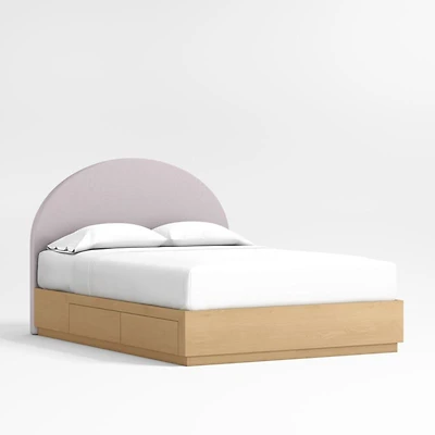 Emma Lilac Upholstered Arched Kids Full Bed with Natural Wood Storage Base