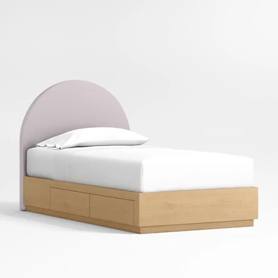 Emma Lilac Upholstered Arched Kids Twin Bed with Natural Wood Storage Base