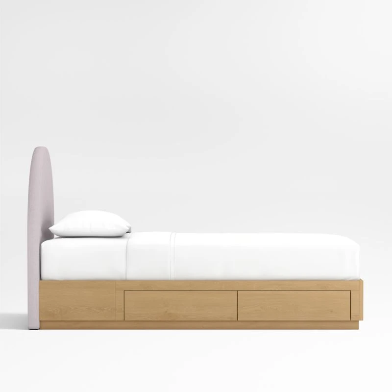 Emma Lilac Upholstered Arched Kids Twin Bed with Natural Wood Storage Base