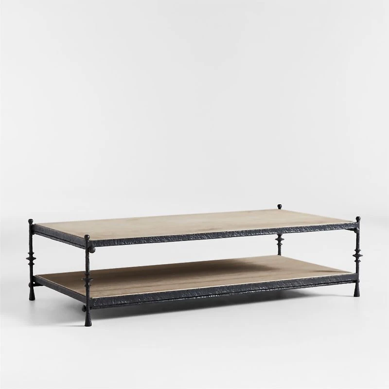 Estate Travertine and Metal 64" Rectangular Coffee Table with Shelf by Jake Arnold