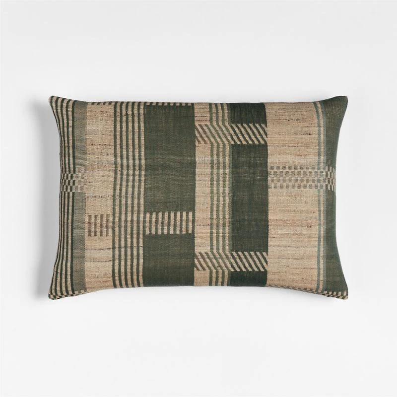Etta Silk Wool Blend 22"x15" Burnt Green Multi Throw Pillow with Feather Insert