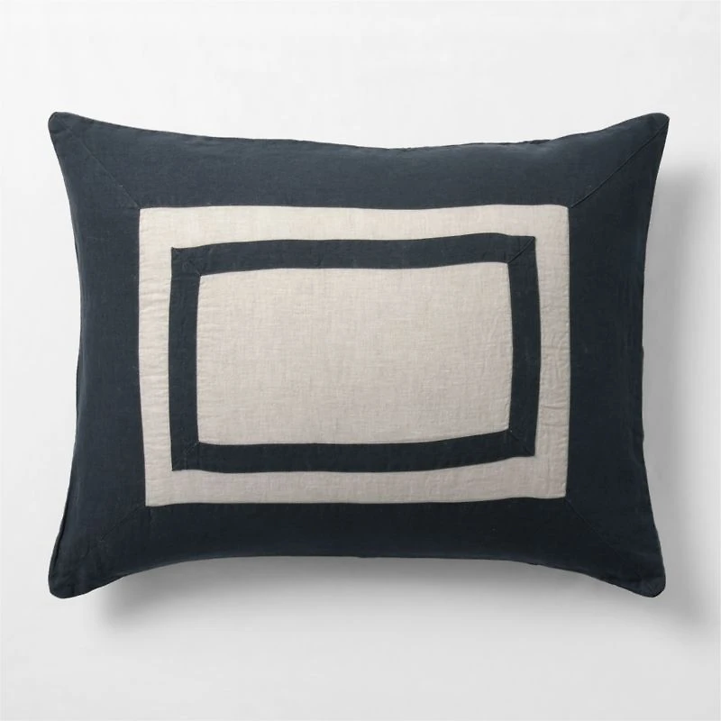 Aire Natural EUROPEAN FLAX ™-Certified Linen Arcadia Tan and Midnight Navy Border King Bed Pillow Sham