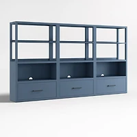 Ever Simple Set of 3 Modular Slate Blue Wood Kids Drawer Bookcases with Hutches