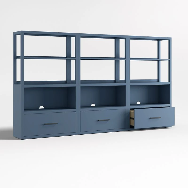 Ever Simple Set of 3 Modular Slate Blue Wood Kids Drawer Bookcases with Hutches